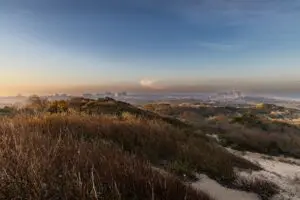 View of dunes and a city behind them, the Netherlands